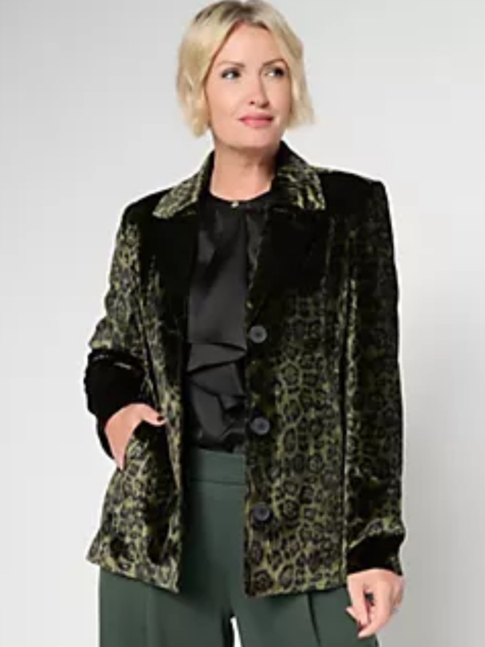 Stacy London Women’s Anima Print Velvet Blazer Green Black Leopard Print NWOT